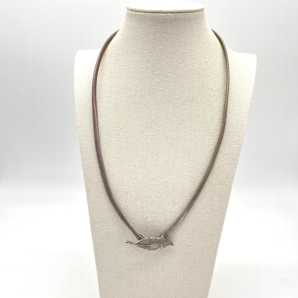 Vintage Leaf Clasp Snake‎ Chain Necklace Silver Tone Metal Retro